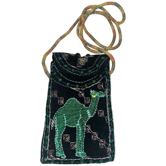 Vintage Velvet Camel Green Embroidered Crossbody Boho Cigarette Case Festival - Picture 9 of 9